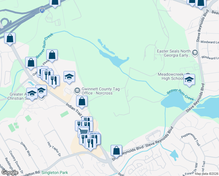map of restaurants, bars, coffee shops, grocery stores, and more near Unnamed Road in Norcross