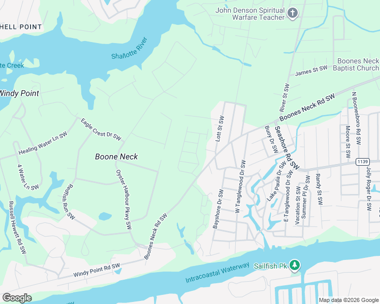 map of restaurants, bars, coffee shops, grocery stores, and more near 3199 Hollering Point Road Southwest in Brunswick County