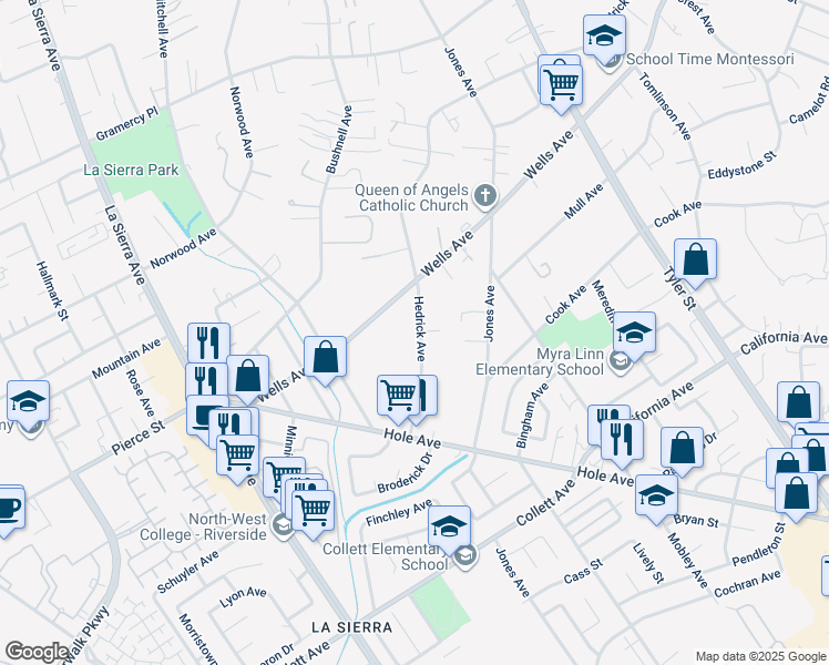 map of restaurants, bars, coffee shops, grocery stores, and more near 4716 Hedrick Avenue in Riverside
