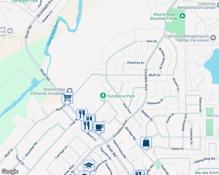 map of restaurants, bars, coffee shops, grocery stores, and more near 2720 Vine Avenue in Norco