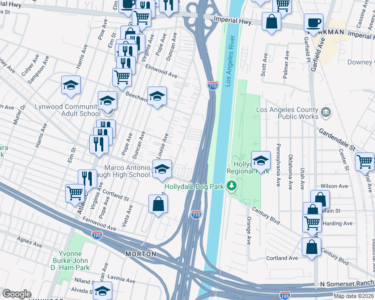 map of restaurants, bars, coffee shops, grocery stores, and more near 11300 Wright Road in Lynwood