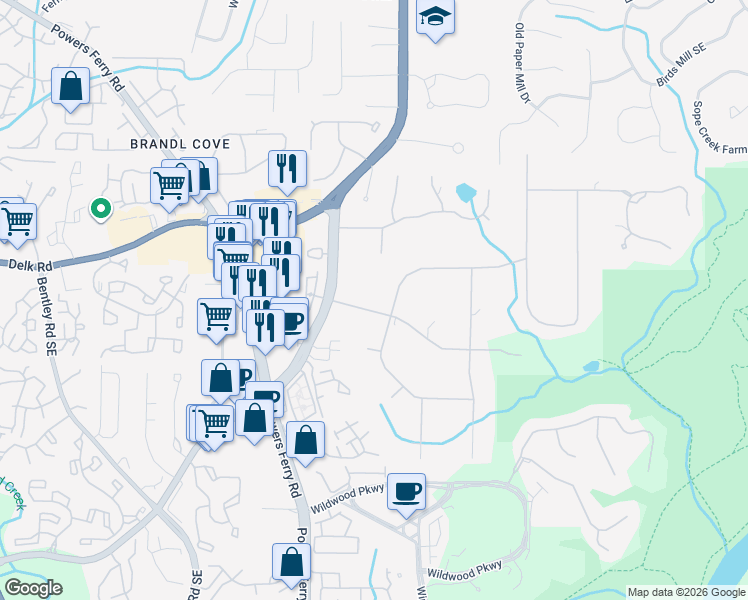 map of restaurants, bars, coffee shops, grocery stores, and more near 3145 Brookview Road in Marietta