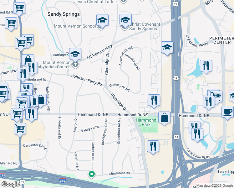 map of restaurants, bars, coffee shops, grocery stores, and more near 6065 Glenridge Drive in Atlanta