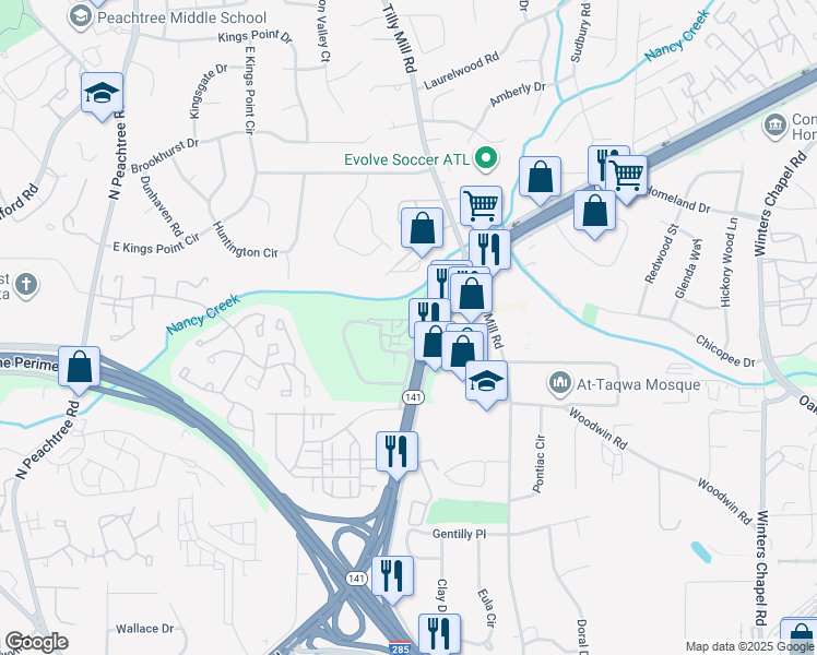 map of restaurants, bars, coffee shops, grocery stores, and more near 6401 Peachtree Industrial Boulevard in Atlanta