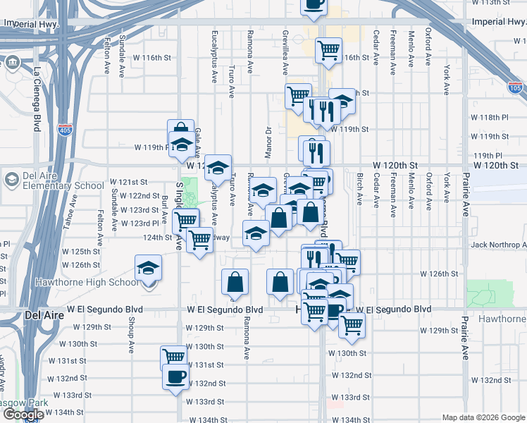 map of restaurants, bars, coffee shops, grocery stores, and more near 12233 Manor Drive in Hawthorne
