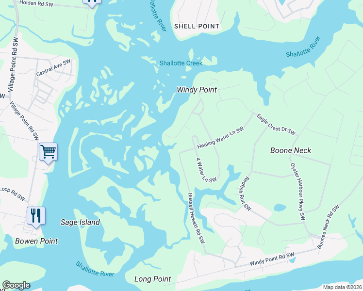 map of restaurants, bars, coffee shops, grocery stores, and more near 2012-2098 Healing Water Ln SW in Brunswick
