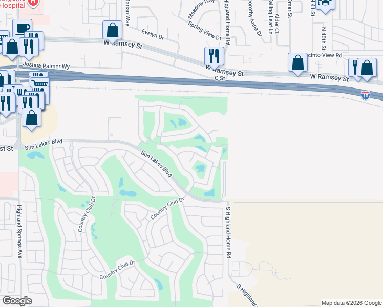 map of restaurants, bars, coffee shops, grocery stores, and more near 576 Essex Way in Banning