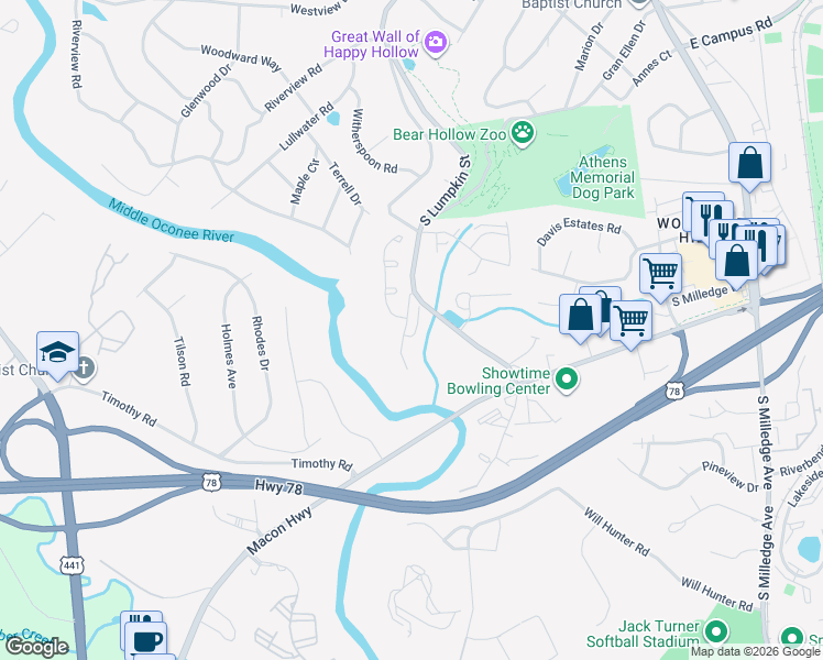 map of restaurants, bars, coffee shops, grocery stores, and more near 2 Hamilton Road in Athens