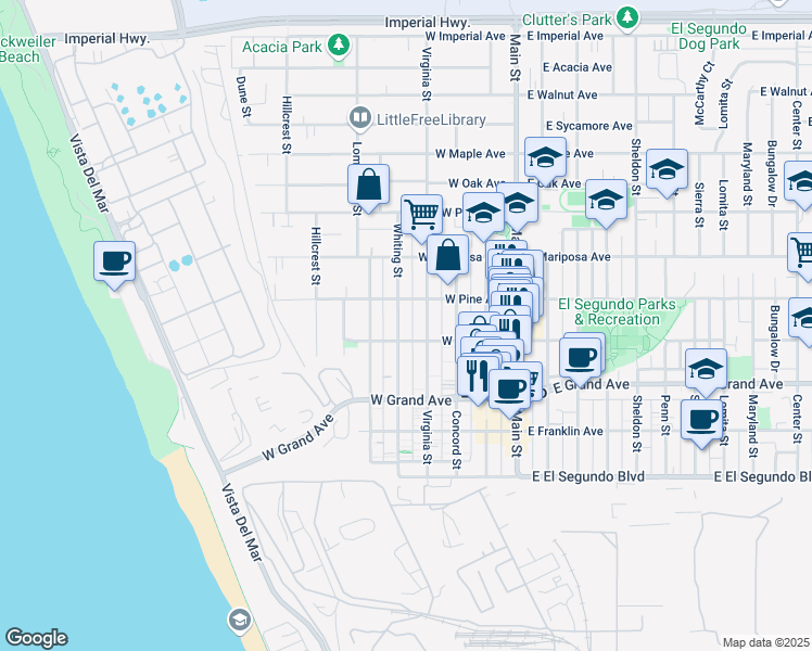 map of restaurants, bars, coffee shops, grocery stores, and more near 423 West Holly Avenue in El Segundo