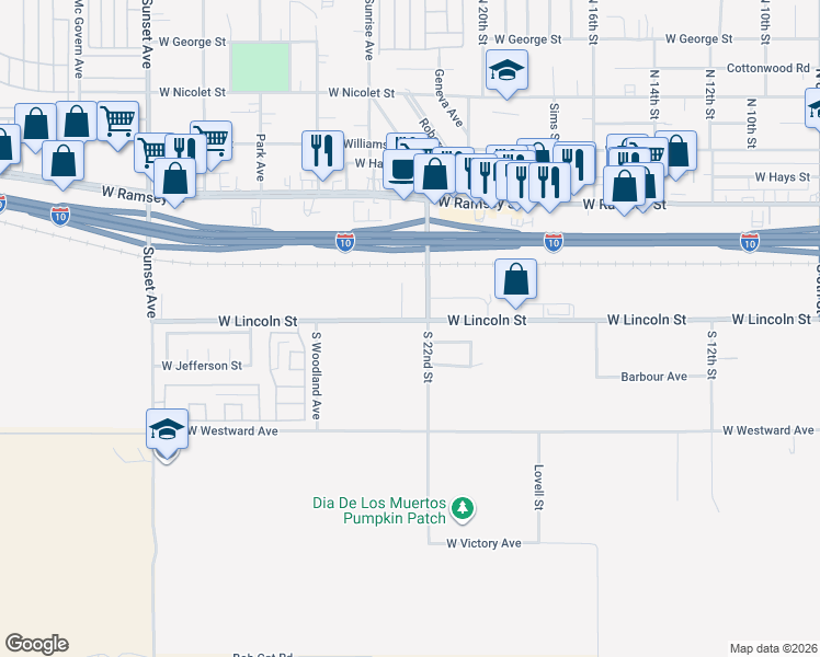 map of restaurants, bars, coffee shops, grocery stores, and more near 2266 West Lincoln Street in Banning