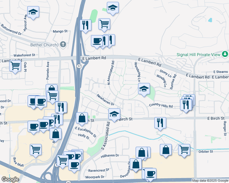 map of restaurants, bars, coffee shops, grocery stores, and more near 2004 Arbor Circle in Brea