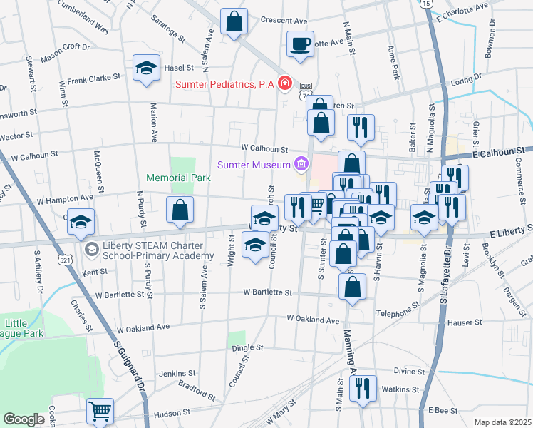map of restaurants, bars, coffee shops, grocery stores, and more near 307 West Liberty Street in Sumter
