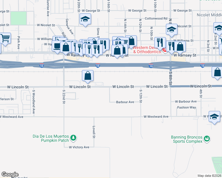 map of restaurants, bars, coffee shops, grocery stores, and more near 1574 West Lincoln Street in Banning