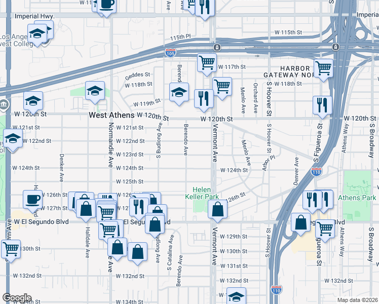 map of restaurants, bars, coffee shops, grocery stores, and more near 12226 Berendo Avenue in Los Angeles