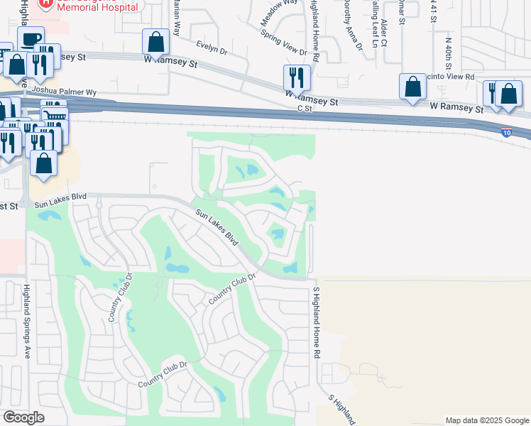 map of restaurants, bars, coffee shops, grocery stores, and more near 576 Essex Way in Banning