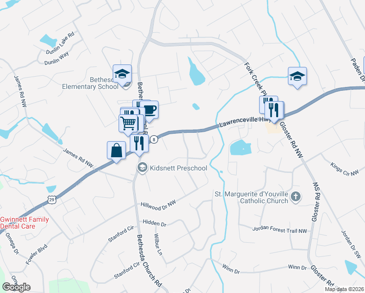 map of restaurants, bars, coffee shops, grocery stores, and more near 360 Amberwood Drive Northwest in Lawrenceville