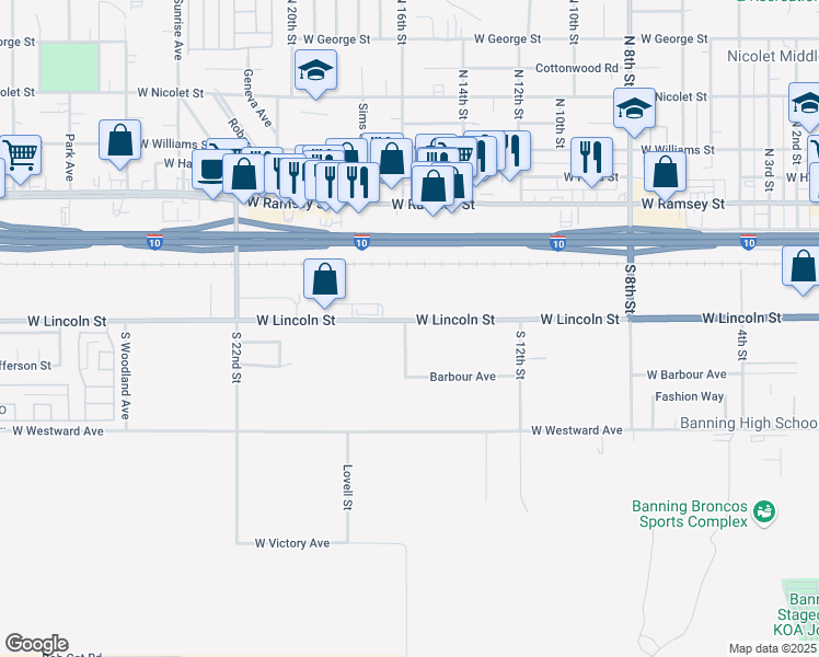 map of restaurants, bars, coffee shops, grocery stores, and more near 1574 West Lincoln Street in Banning