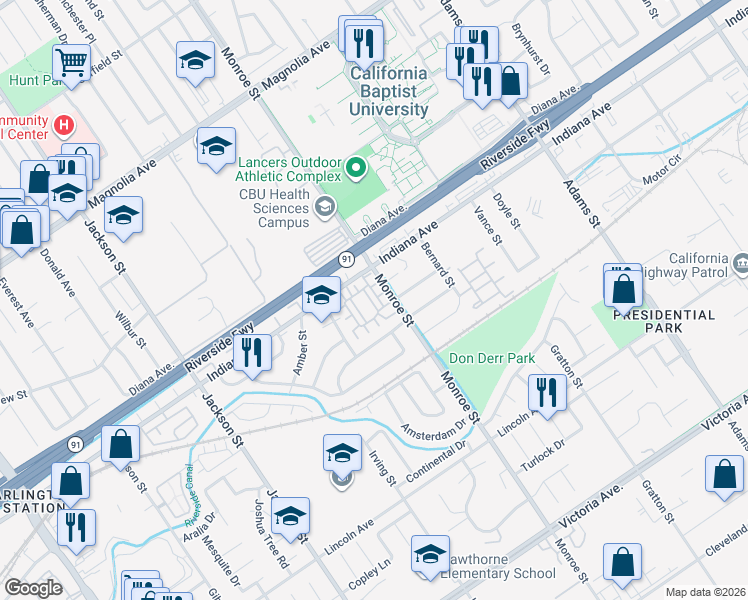 map of restaurants, bars, coffee shops, grocery stores, and more near 3290 Monroe Street in Riverside