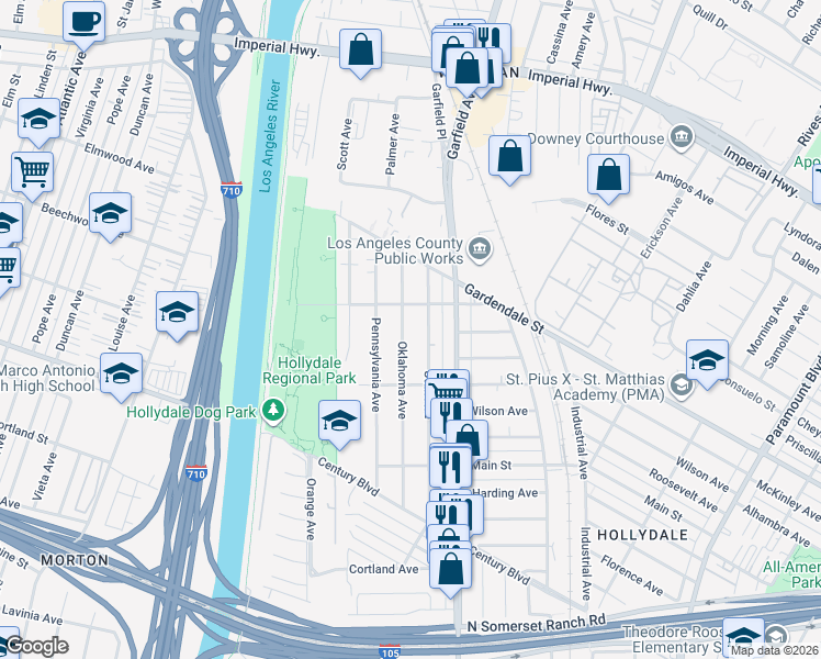 map of restaurants, bars, coffee shops, grocery stores, and more near 11611 Oklahoma Avenue in South Gate