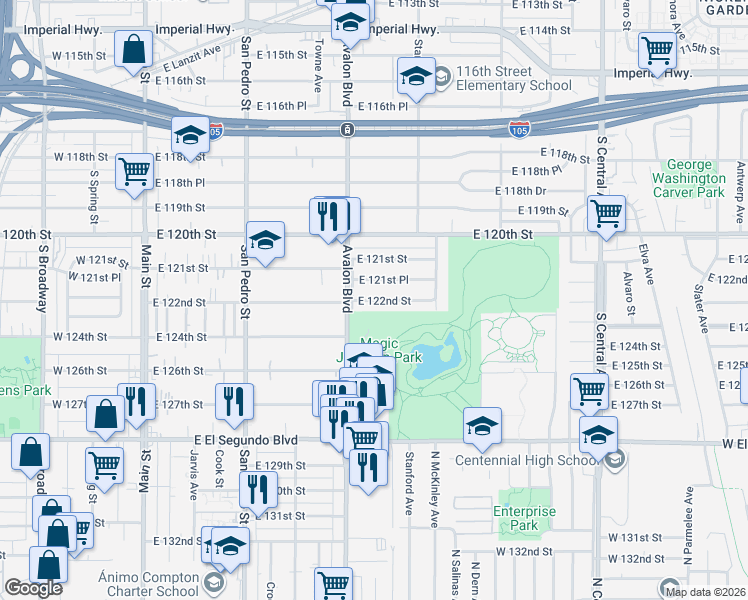 map of restaurants, bars, coffee shops, grocery stores, and more near 614 East 122nd Street in Los Angeles