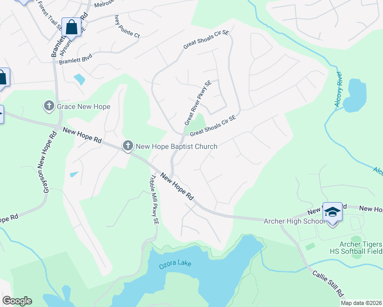 map of restaurants, bars, coffee shops, grocery stores, and more near 1207 Upper Shoal Way Southeast in Lawrenceville