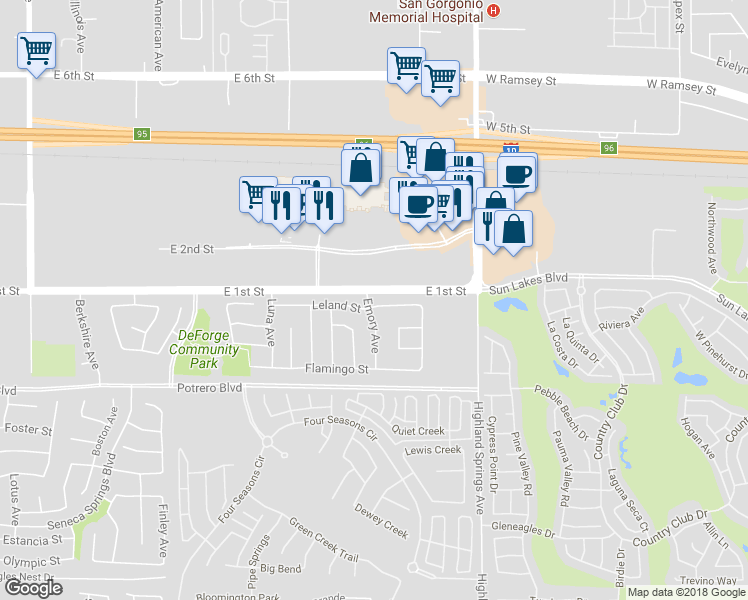 map of restaurants, bars, coffee shops, grocery stores, and more near 1568 Leland Street in Beaumont