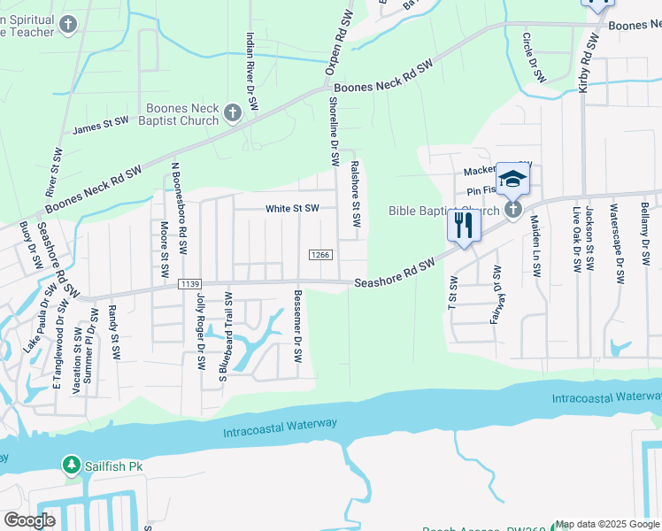 map of restaurants, bars, coffee shops, grocery stores, and more near 2495 Shoreline Drive Southwest in Brunswick County