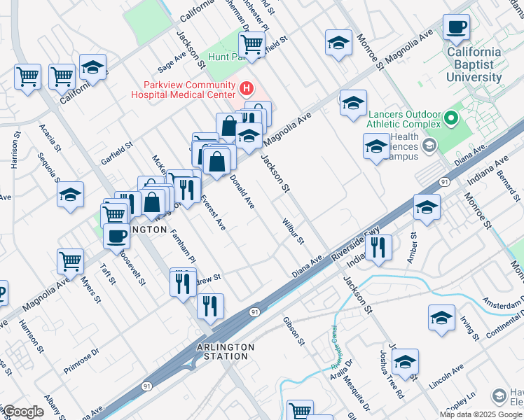map of restaurants, bars, coffee shops, grocery stores, and more near 3677 Donald Avenue in Riverside