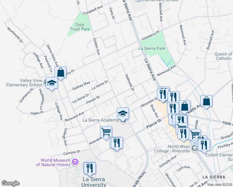 map of restaurants, bars, coffee shops, grocery stores, and more near 5093 Golden Avenue in Riverside