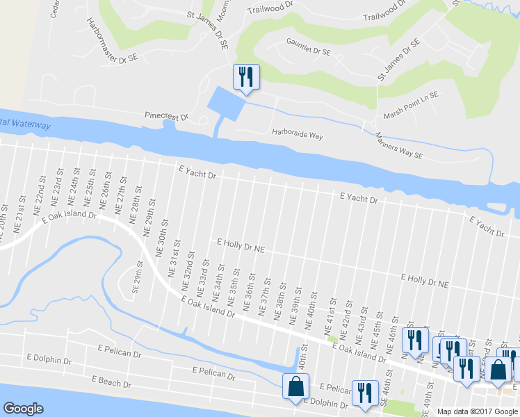 map of restaurants, bars, coffee shops, grocery stores, and more near 225 Northeast 36th Street in Oak Island