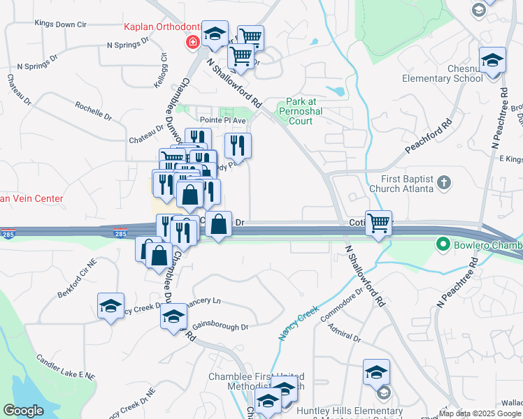map of restaurants, bars, coffee shops, grocery stores, and more near 1 Dunwoody Park South in Atlanta
