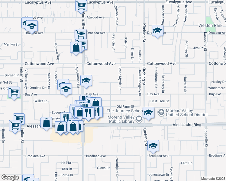 map of restaurants, bars, coffee shops, grocery stores, and more near 25252 Bay Avenue in Moreno Valley