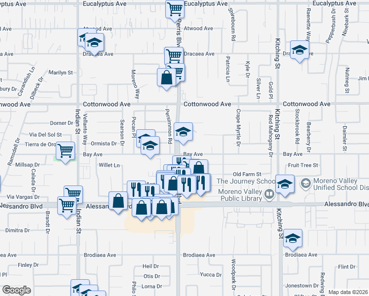 map of restaurants, bars, coffee shops, grocery stores, and more near in Moreno Valley