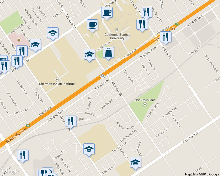 map of restaurants, bars, coffee shops, grocery stores, and more near 3290 Monroe Street in Riverside