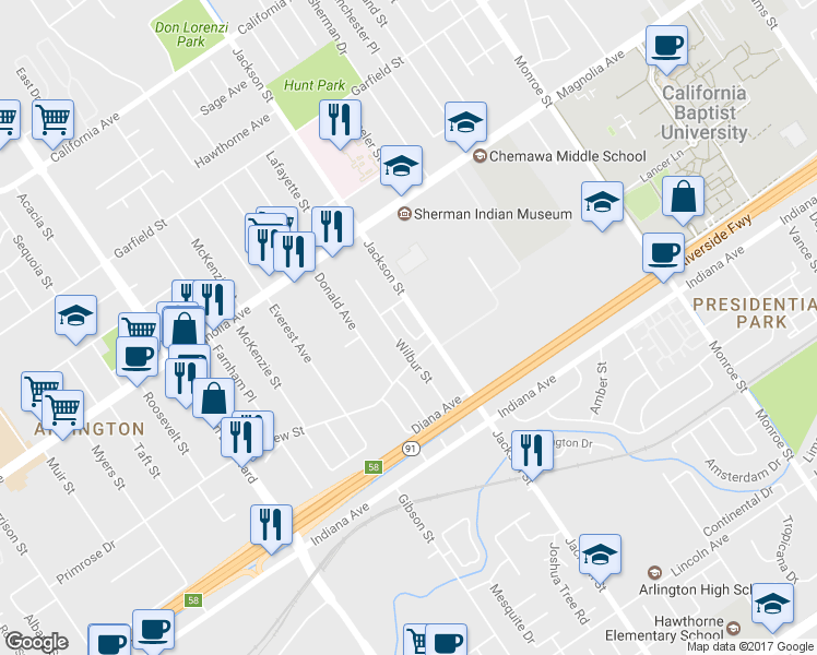 map of restaurants, bars, coffee shops, grocery stores, and more near 9115 Andrew Street in Riverside