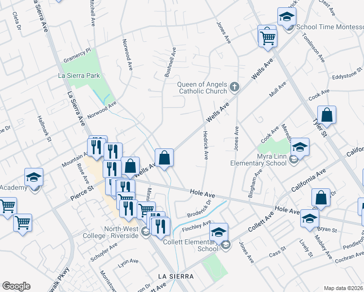 map of restaurants, bars, coffee shops, grocery stores, and more near 10762 Wells Avenue in Riverside