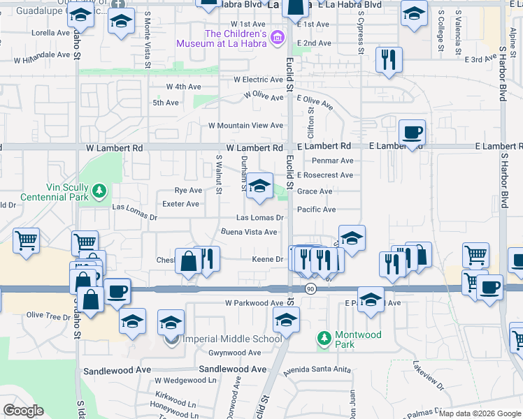 map of restaurants, bars, coffee shops, grocery stores, and more near 240 Las Lomas Drive in La Habra