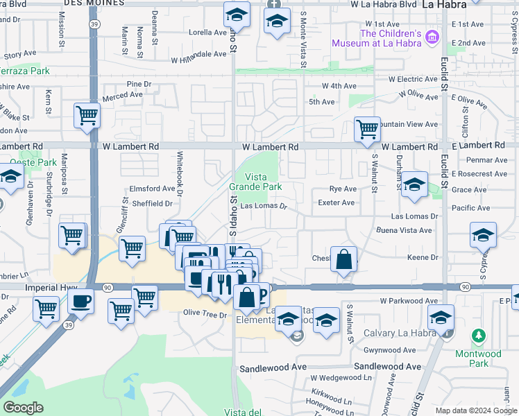 map of restaurants, bars, coffee shops, grocery stores, and more near 900 Las Lomas Drive in La Habra