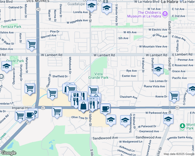 map of restaurants, bars, coffee shops, grocery stores, and more near 1040 Las Lomas Drive in La Habra
