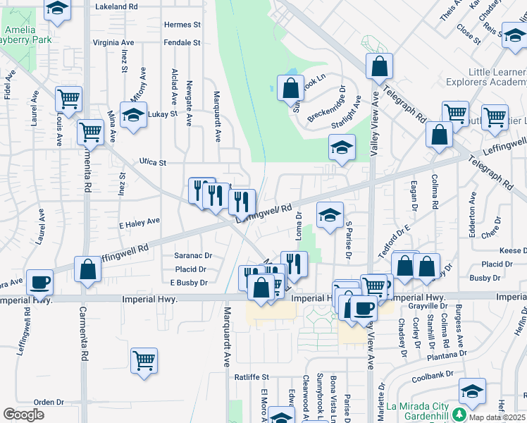 map of restaurants, bars, coffee shops, grocery stores, and more near 13840 Leffingwell Road in Whittier