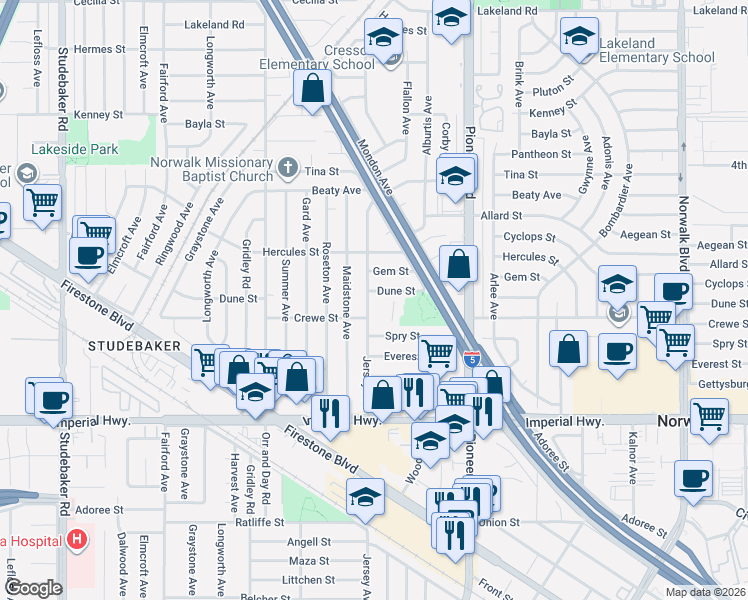 map of restaurants, bars, coffee shops, grocery stores, and more near 12130 Jersey Avenue in Norwalk