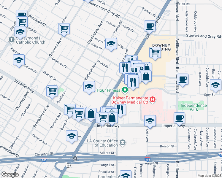 map of restaurants, bars, coffee shops, grocery stores, and more near 12354 Marbel Avenue in Downey