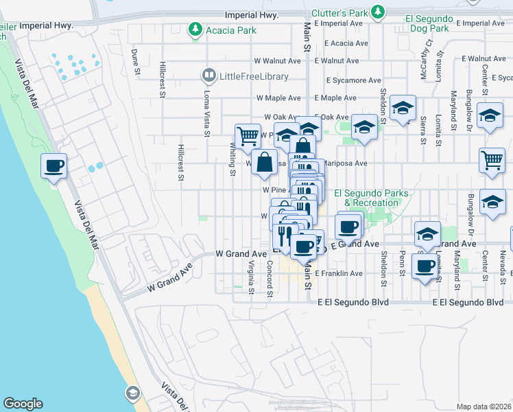 map of restaurants, bars, coffee shops, grocery stores, and more near 402 Virginia Street in El Segundo