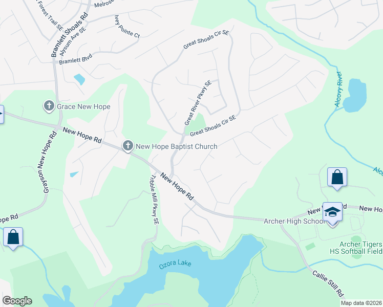 map of restaurants, bars, coffee shops, grocery stores, and more near 1207 Upper Shoal Way Southeast in Lawrenceville