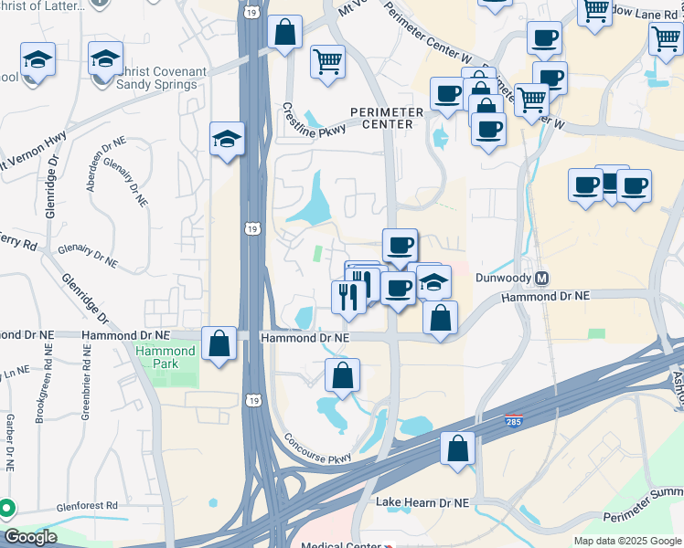 map of restaurants, bars, coffee shops, grocery stores, and more near 510 Garden Court in Sandy Springs