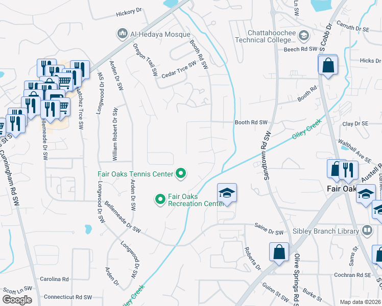 map of restaurants, bars, coffee shops, grocery stores, and more near 1285 Scripps Court Southwest in Marietta