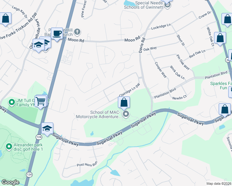 map of restaurants, bars, coffee shops, grocery stores, and more near 678 Clairidge Elm Trail Southwest in Lawrenceville