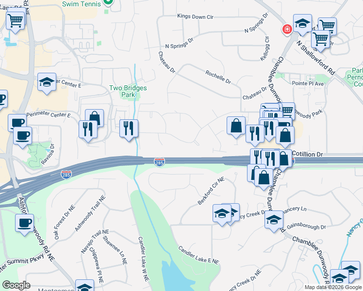 map of restaurants, bars, coffee shops, grocery stores, and more near 1553 Old Spring House Lane in Dunwoody