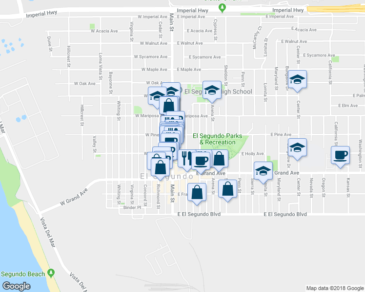 map of restaurants, bars, coffee shops, grocery stores, and more near 415 Standard Street in El Segundo