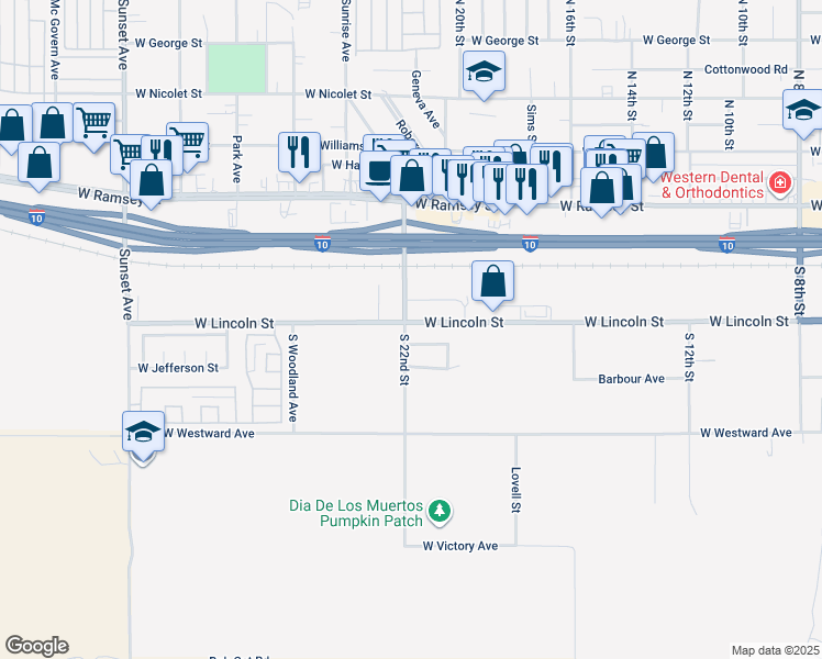 map of restaurants, bars, coffee shops, grocery stores, and more near 2174 West Lincoln Street in Banning